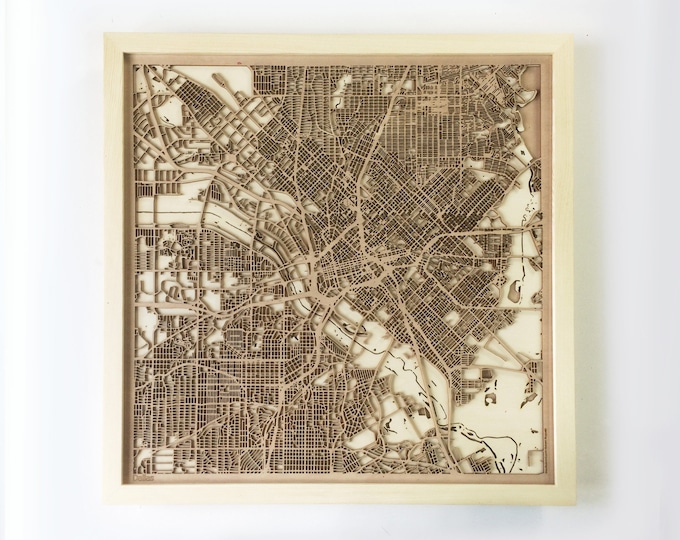 Dallas Wooden Map - Pinewood Laser Cut Streets City Maps 3d Framed Minimal Minimalist Wall Art Wood - Birthday Christmas Wedding Gift