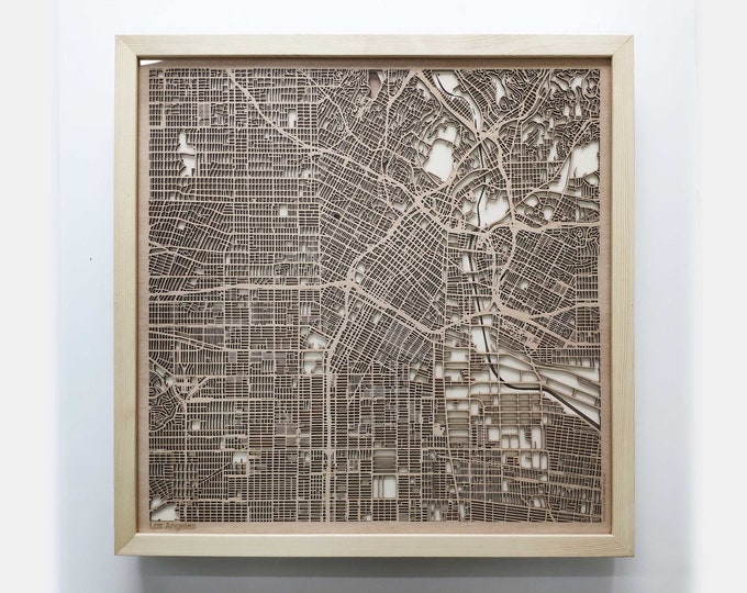 Los Angeles Wooden Map - Pinewood Laser Cut Wood Streets City Maps 3d Framed Minimal Minimalist Wall Art -Birthday Christmas Wedding Gift