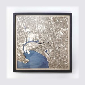 Houten kaart Melbourne - cadeau 5e verjaardag - aangepaste houten kaart lasergesneden ingelijste kaarten muurkunst - verlovingscadeau bruiloft voor stel