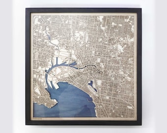 Melbourne Wood Map - 5th Anniversary Gift - Custom Wooden Map Laser Cut Framed Maps Wall Art - Wedding Engagement Gift for Couple