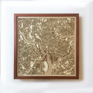 Houten kaart Washington - mahonie lasergesneden straten stadsplattegronden 3d ingelijste minimale minimalistische muur kunst hout - verjaardag kerst huwelijkscadeau