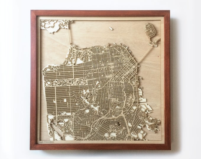 San Francisco Wooden Map – Laser Cut Mahogany Streets, Framed Wall Art
