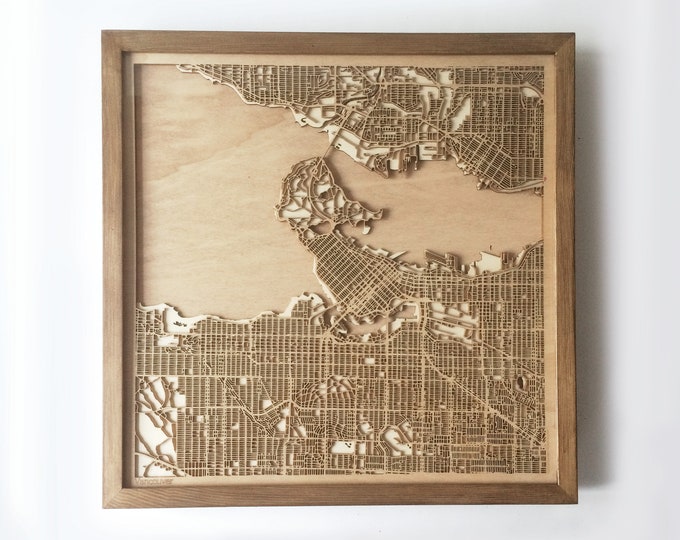 Laser Cut Wood Map - Vancouver City Streets, Framed Wall Art