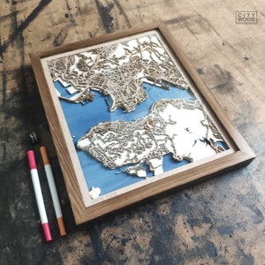 Houten kaart van Hongkong: 3D-lasergesneden kaart