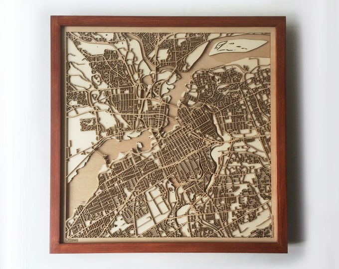 Ottawa Wooden Map Art – Mahogany Framed Laser Cut Cityscape