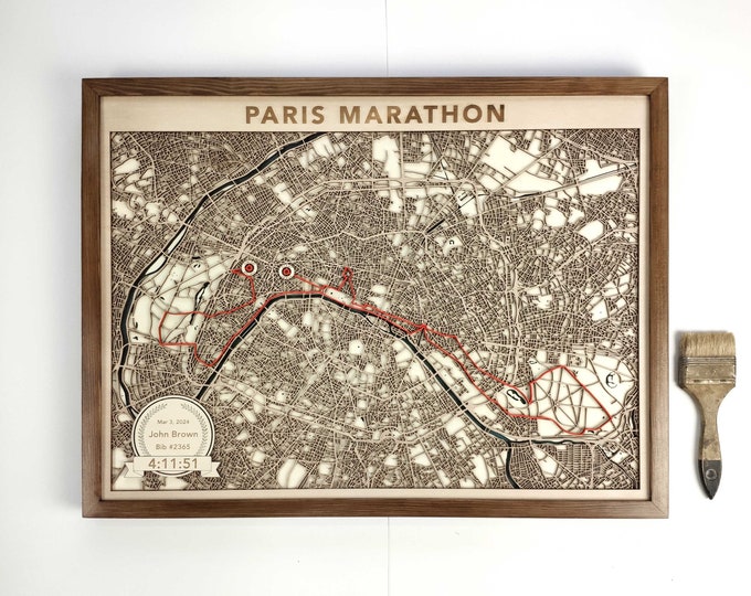 Paris Marathon Runner's Map - 3D Laser Cut Wood Art