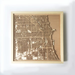 Chicago Holzkarte - Pinewood Laser Cut Holz Straßen Stadt Karten 3D gerahmt Minimal Minimalist Wandkunst -Geburtstag Weihnachten Hochzeitsgeschenk