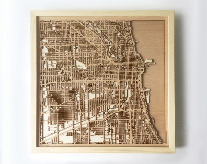 Chicago Wooden Map - Pinewood Laser Cut Wood Streets City Maps 3d Framed Minimal Minimalist Wall Art -Birthday Christmas Wedding Gift