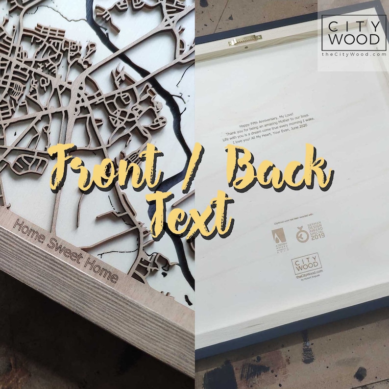 May include: A wooden map of a city with the text "Home Sweet Home" on the front. The back of the map has a personalised message and the City Wood logo.