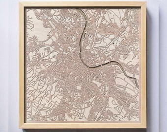 Basel Wooden Map -Laser Cut Wood Streets City Maps 3d Framed Minimal Minimalist Wall Art - Birthday Anniversary Christmas Wedding Gift