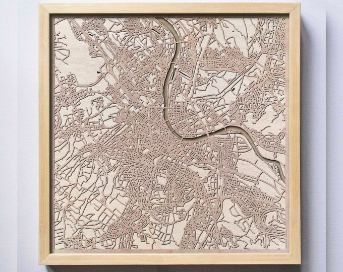 Basel Wooden Map -Laser Cut Wood Streets City Maps 3d Framed Minimal Minimalist Wall Art - Birthday Anniversary Christmas Wedding Gift