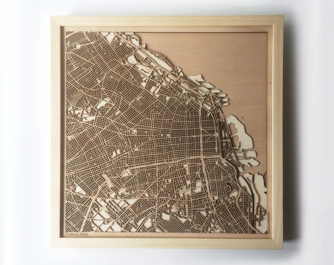 Buenos Aires Wooden Map - Laser Cut Wood Streets City Maps 3d Framed Minimal Minimalist Wall Art Birthday Anniversary Christmas Wedding Gift