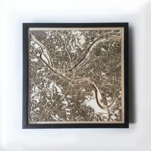 Pittsburgh Wooden Map - Black Laser Cut Streets City Maps 3d Framed Minimal Minimalist Wall Art Wood - Birthday Christmas Wedding Gift