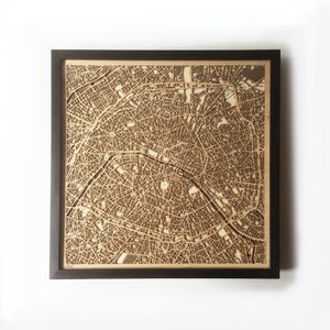 Carte en bois de Paris - bois noir découpé au laser rues cartes de la ville 3d encadré art mural minimaliste - cadeau de mariage d'anniversaire Noël
