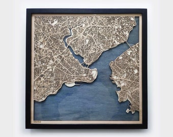 Istanbul Wood Map - 5th Anniversary Gift - Custom Wooden Map Laser Cut Framed Maps Wall Art - Wedding Engagement Gift for Couple