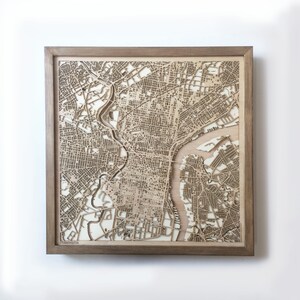 Carte en bois de Philadelphie - Noyer découpé au Laser, rues, cartes de la ville, encadré, art mural minimaliste minimaliste en bois, cadeau d'anniversaire pour Noël