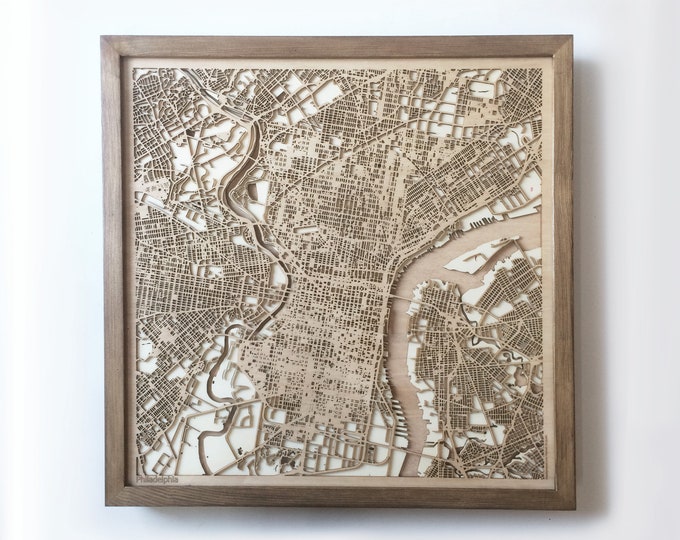 Philadelphia Wooden Map – Laser Cut City Streets, Framed Wall Art