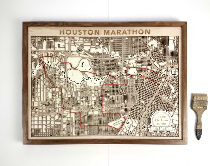 Houston Marathon Runner's Map - 3D Laser Cut Wood Art