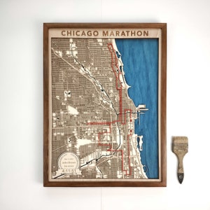 Kaart van marathonloper Chicago: 3D-lasergesneden houtkunst