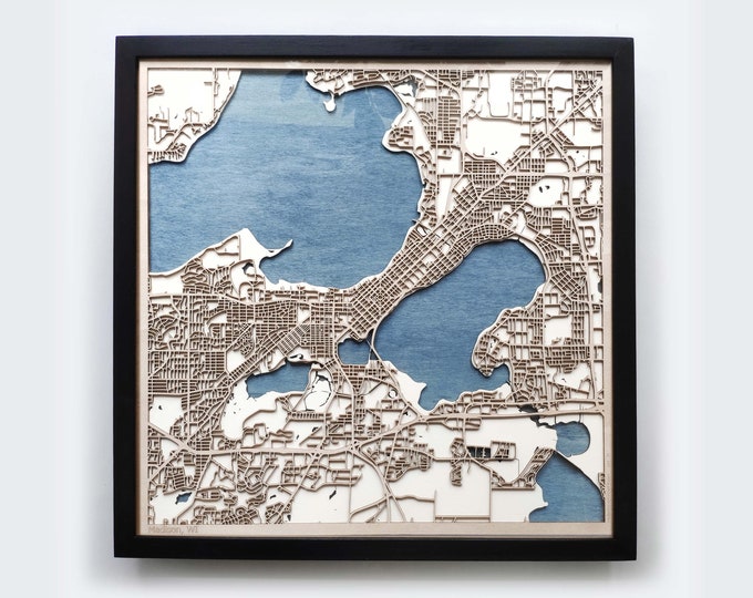 Madison Wood Map - 5th Anniversary Gift - Custom Wooden Map Laser Cut Framed Maps Wall Art - Wedding Engagement Gift for Couple