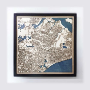 Houten kaart Singapore - cadeau 5e verjaardag - aangepaste houten kaart lasergesneden ingelijste kaarten muurkunst - verlovingscadeau bruiloft voor stel
