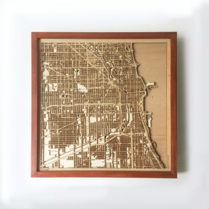 Mapa de madera de Chicago - Mapas de la ciudad de caoba cortados con láser, calles, arte de pared minimalista enmarcado en 3D - Regalo de cumpleaños, Navidad y bodas