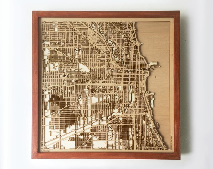 Chicago Wooden Map – Laser Cut Mahogany Streets, Framed Wall Art