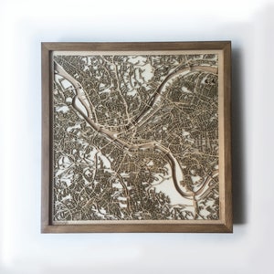 Pittsburgh Wooden Map - Walnut Laser Cut Streets City Maps 3d Framed Minimal Minimalist Wall Art Wood - Birthday Christmas Wedding Gift