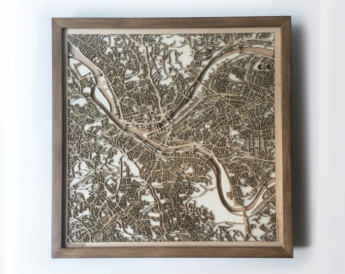Pittsburgh Wooden Map – Walnut Framed, Laser Cut City Streets
