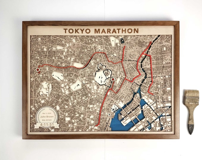 Tokyo Marathon Runner's Map - 3D Laser Cut Wood Art