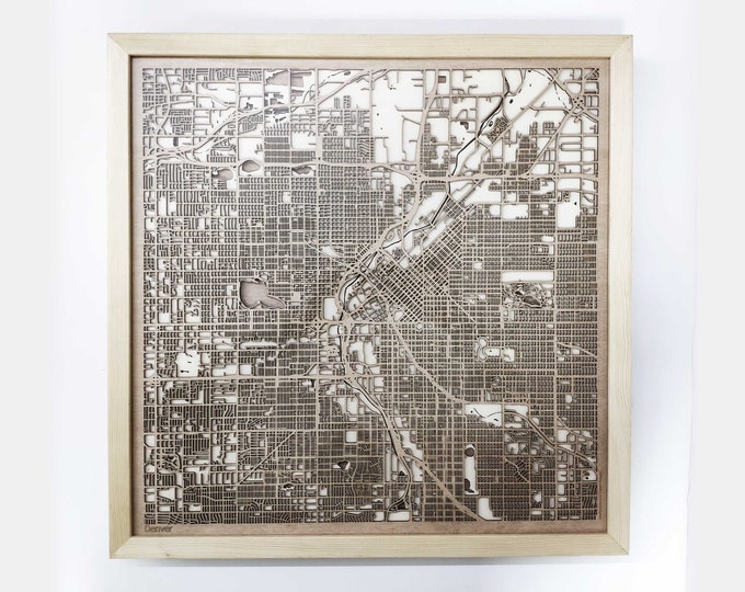 Denver Wooden Map -Laser Cut Wood Streets City Maps 3d Framed Minimal Minimalist Wall Art - Birthday Anniversary Christmas Wedding Gift