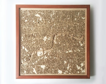 London Wooden Map - Mahogany Laser Cut Streets City Maps 3d Framed Minimal Minimalist Wall Art Wood - Birthday Christmas Wedding Gift