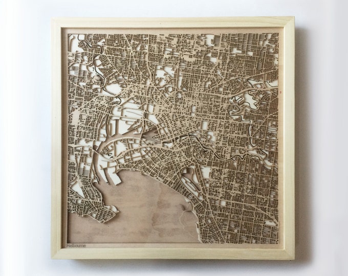 Melbourne Wooden Map - Pinewood Laser Cut Wood Streets City Maps 3d Framed Minimal Minimalist Wall Art -Birthday Christmas Wedding Gift