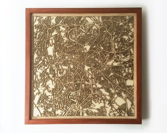 Rome Wooden Street Map – Laser Cut Mahogany, Framed Minimalist Wall Art
