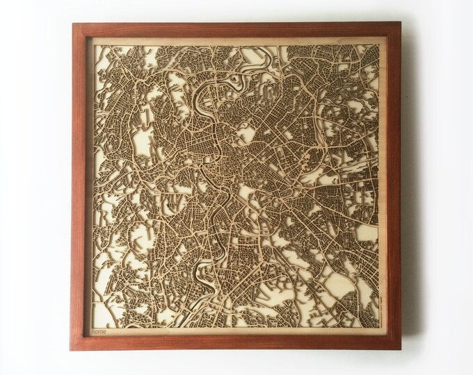Rome Wooden Street Map – Laser Cut Mahogany, Framed Minimalist Wall Art