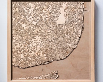 Lisbon Wooden Map - Pinewood Laser Cut Streets City Maps 3d Framed Minimal Minimalist Wall Art Wood - Birthday Christmas Wedding Gift