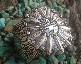 Rick Enrique Navajo Hand Stamped Sterling Silver Sunface Bracelet Signed