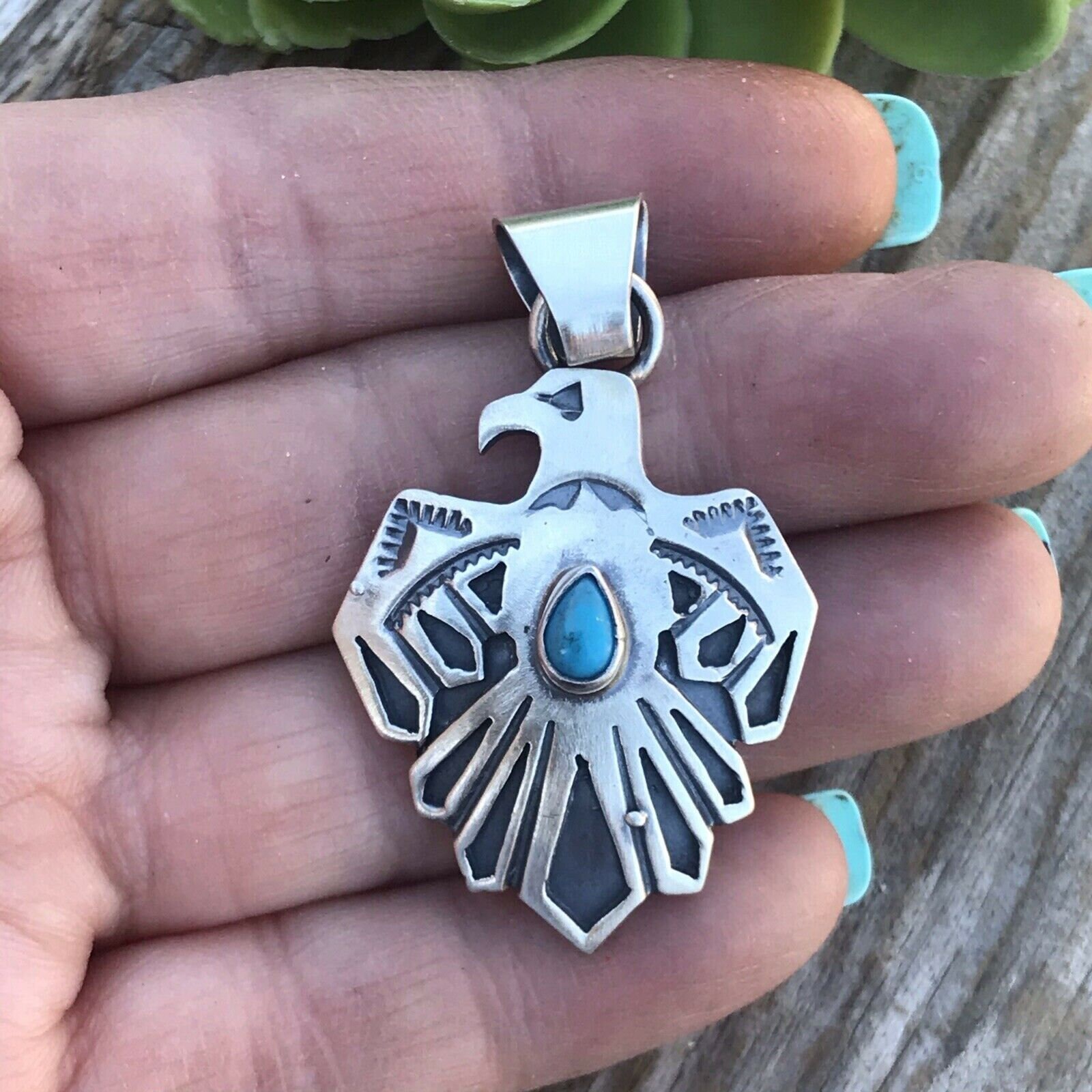 Sterling Silver Turquoise Thunderbird Pendant Signed Annie Etsy