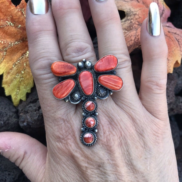 Navajo Orange Spiny and Sterling Silver Dragonfly Ring Size 9 Signed