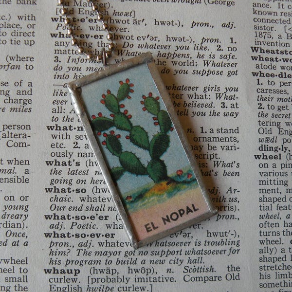 Cactus - El Nopal - Handmade Soldered Glass Pendant made from illustrated Mexican Loteria Card