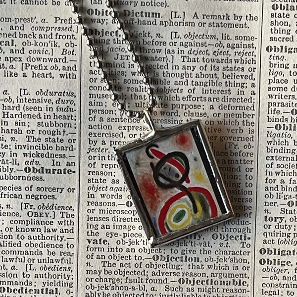 Miro, modernist abstract paintings, upcycled to hand-soldered glass pendant, with choice of necklace, bookmark, keychain, or pin