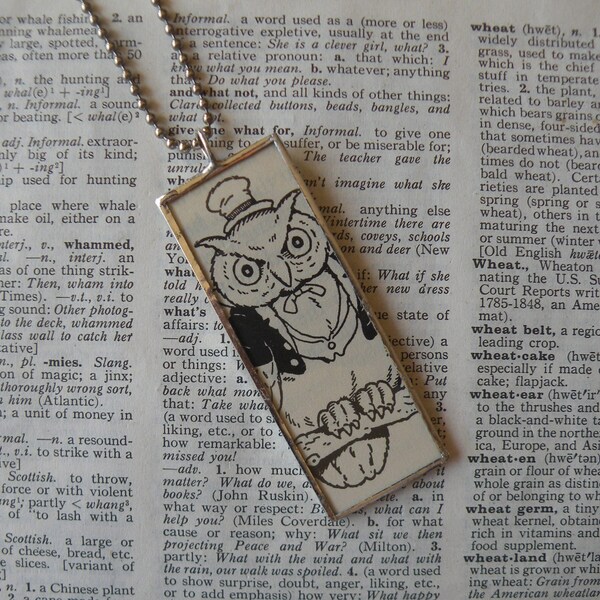 Owl and raven, vintage children's book illustrations up-cycled to soldered glass pendant, choice of necklace, bookmark, keychain, bag charm