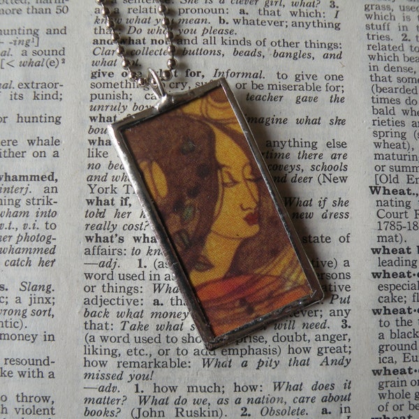 Gustav Klimt, Art Nouveau woman and flowers, hand-soldered glass pendant, includes choice of necklace, bookmark, keychain, bag charm