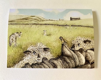 Card Woolly Wensley sheep illustration on recycled paper board.