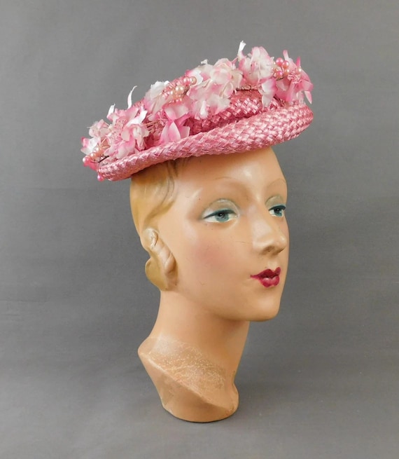 Vintage Pink Straw Hat 1950s with Flowers and Pear
