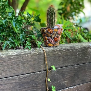 Könnte beinhalten: Eine kleine Kakteenpflanze in einem handbemalten Terrakotta-Topf mit einem bunten abstrakten Muster. Der Topf ist mit brauner, orangefarbener, rosa und schwarzer Farbe verziert. Der Kaktus ist grün und hat eine stachelige Textur. Der Topf steht auf einer Holzoberfläche.