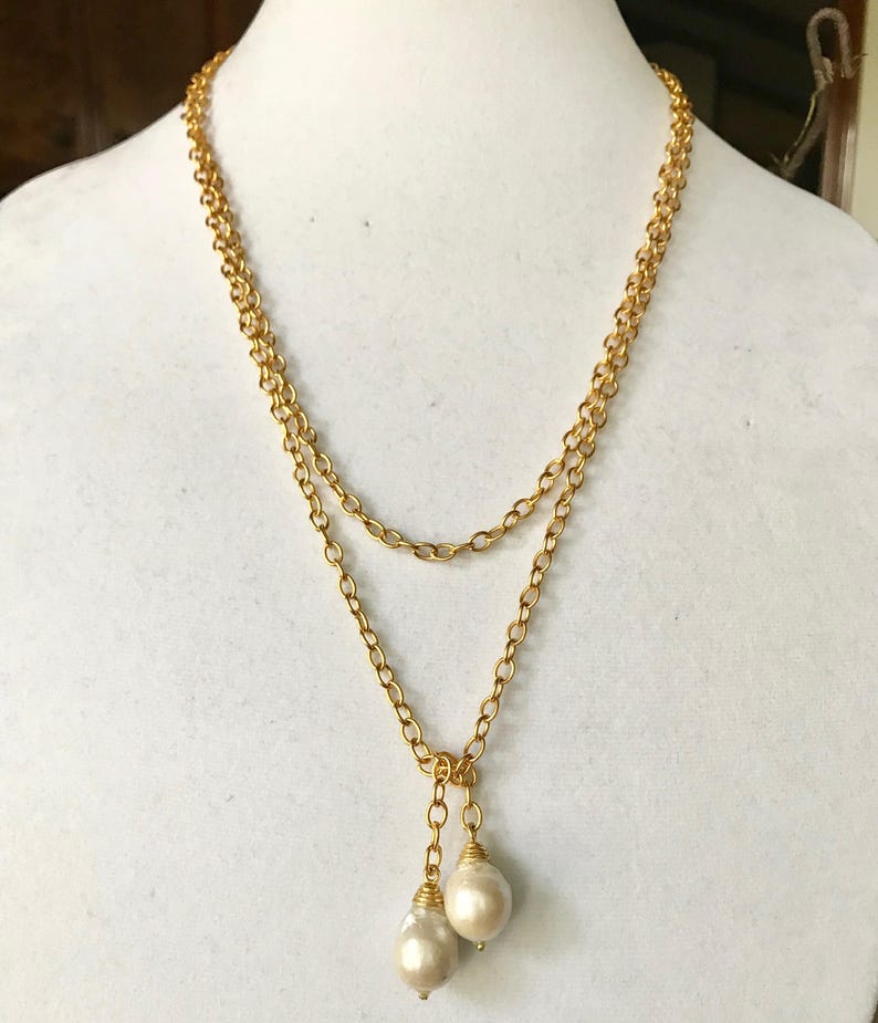 Lariat, Pearl Lariat, Baroque Pearl Gold Lariat, Drop Pearl, Rolo Chain, 22K Gold Plate, 48 long Bild 2