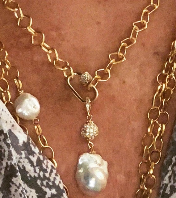 Gold Link Pearl Pendant Necklace