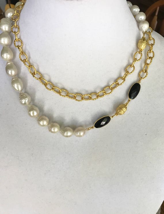 Pearl Necklace, Onyx Necklace, Baroque Pearl necklace,  Drop Pearl Necklace, Pearl & Onyx Necklace,  Wrap Necklace, 22K Gold Plated,40" Long