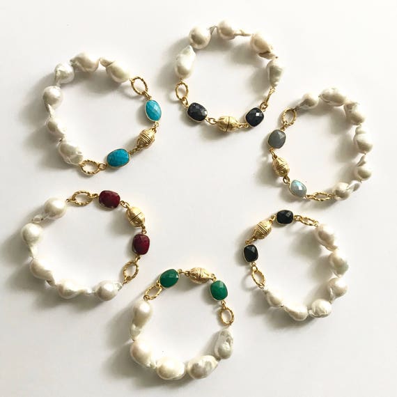 Baroque Pearl and Gemstones Bracelet, Ruby, Sapphire, Emerald, Labradorytre, Onyx and Turquoise Bracelet, 7.5"long, 22K Gold Plated